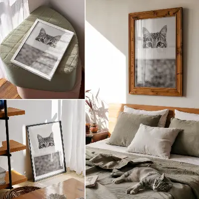 Póster gato tras la superficie con diseño minimalista en blanco y negro