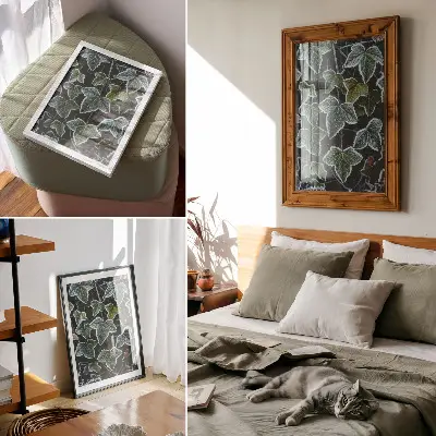Póster de hojas verdes con escarcha diseño con colores saturados y bordes blancos