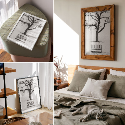 Lienzo decorativo moderno Paisaje minimalista con un árbol y un banco.