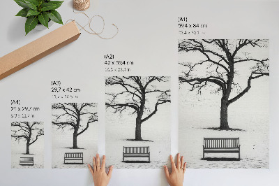 Lienzo decorativo moderno Paisaje minimalista con un árbol y un banco.