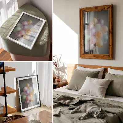 Lienzo decorativo moderno con globos de colores pastel sobre fondo gris