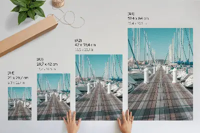 Lámina artística de alta calidad muelle de yates en puerto deportivo con cielo azul y simetría