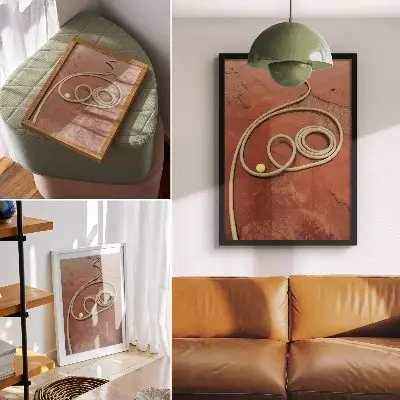 Lienzo decorativo moderno con diseño de manguera de jardín y bola roja de alto contraste
