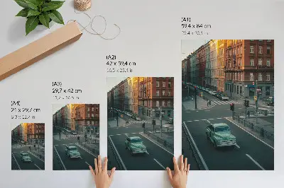 Lámina artística de alta calidad edificios de apartamentos con coche retro al atardecer