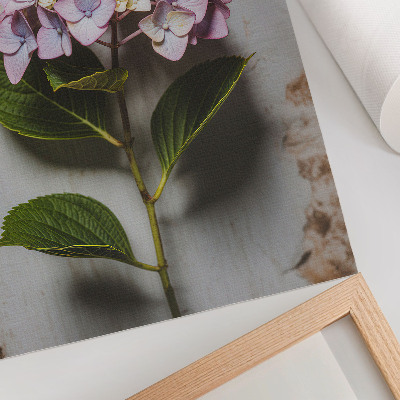 Lienzo decorativo moderno Hortensias rosas, hojas verdes, fondo rústico