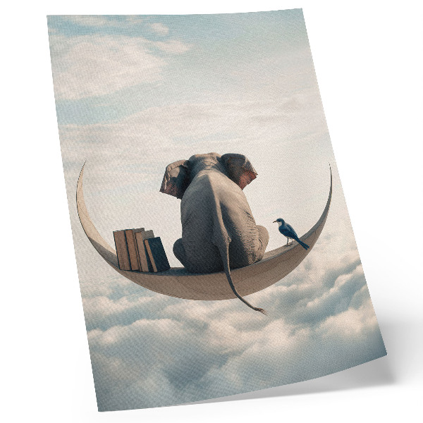 Póster con colores saturados Elefante en una luna creciente con libros en las nubes