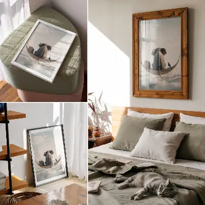 Póster de elefante en una luna creciente con libros en las nubes con colores saturados