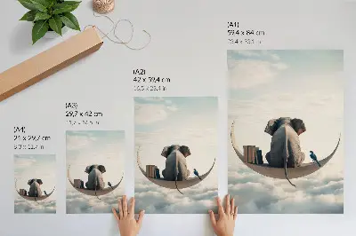 Póster de elefante en una luna creciente con libros en las nubes con colores saturados