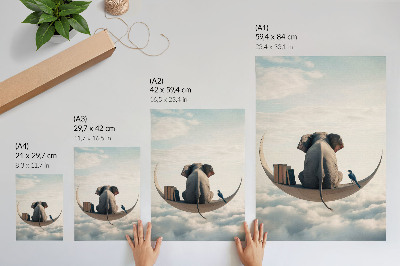 Póster con colores saturados Elefante en una luna creciente con libros en las nubes