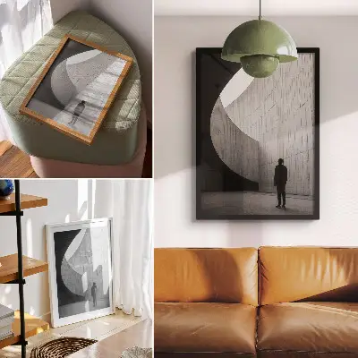 Póster de arquitectura curva con tonos monocromáticos y colores saturados