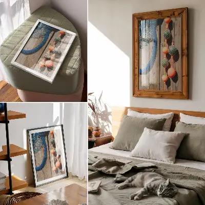 Lienzo decorativo moderno con diseño de boyas coloridas sobre pared de madera y detalles marinos