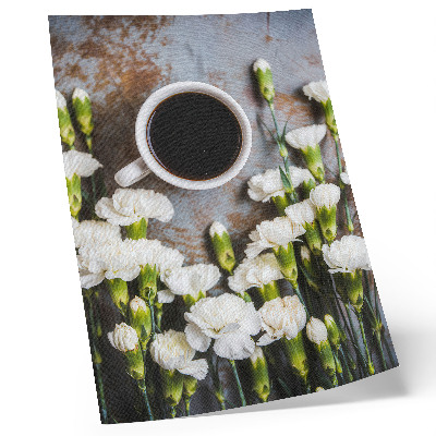 Lámina artística de alta calidad con motivo de taza de café y flores de clavel blanco
