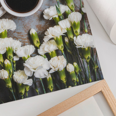 Lámina artística de alta calidad con motivo de taza de café y flores de clavel blanco