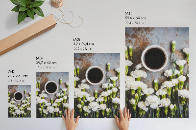 Lámina artística de alta calidad con motivo de taza de café y flores de clavel blanco