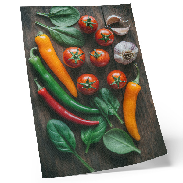 Lienzo decorativo moderno con verduras brillantes sobre un fondo oscuro y rústico