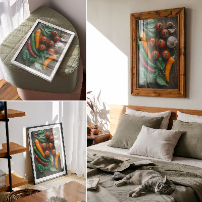 Lienzo decorativo moderno con verduras brillantes sobre un fondo oscuro y rústico