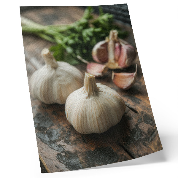 Póster de ajo sobre madera diseño con ambiente rústico y auténtico