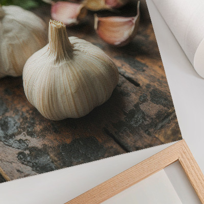 Póster de ajo sobre madera diseño con ambiente rústico y auténtico