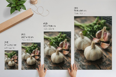 Póster de ajo sobre madera diseño con ambiente rústico y auténtico