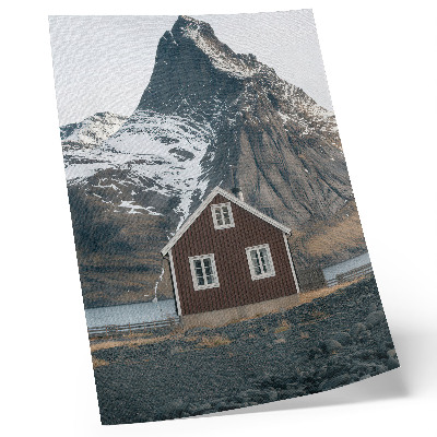 Lámina artística de alta calidad Paisaje de montaña, casa de madera, picos nevados