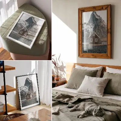 Lámina artística de alta calidad paisaje de montaña con casa de madera y picos nevados