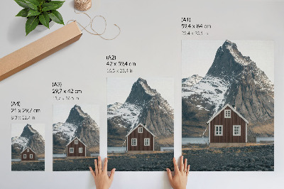 Lámina artística de alta calidad Paisaje de montaña, casa de madera, picos nevados