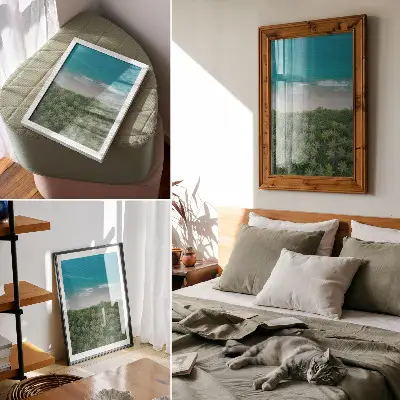 Póster de playa con olas turquesas, palmeras y una atmósfera de armonía y paz en colores saturados