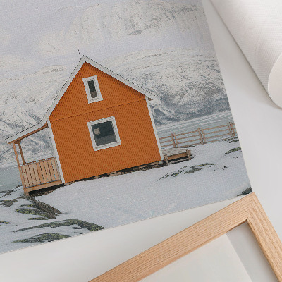 Lienzo decorativo moderno Casa naranja, montañas nevadas, marco minimalista