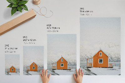 Lienzo decorativo moderno Casa naranja, montañas nevadas, marco minimalista