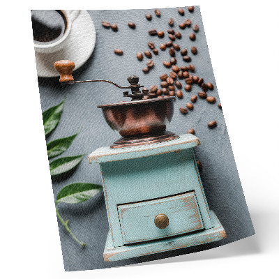 Lienzo decorativo moderno Molinillo de café antiguo de color turquesa, granos de café, hojas verdes