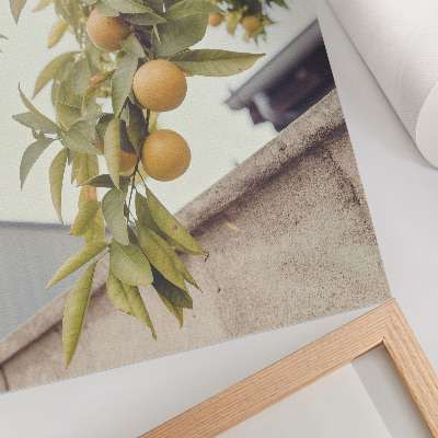 Lienzo decorativo moderno Rama de árbol, sol, hojas verdes, naranja