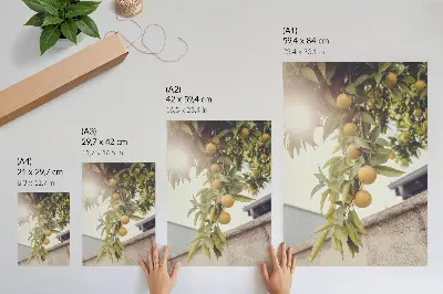 Lienzo decorativo moderno con rama de árbol, sol y hojas verdes sobre fondo naranja