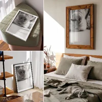 Póster de perro en blanco y negro primer plano con textura minimalista y colores saturados