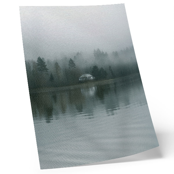 Póster Niebla, árboles, casa, reflejo, paisaje tranquilo