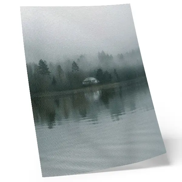 Póster paisaje tranquilo con niebla, árboles, casa y reflejo