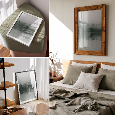 Póster Niebla, árboles, casa, reflejo, paisaje tranquilo