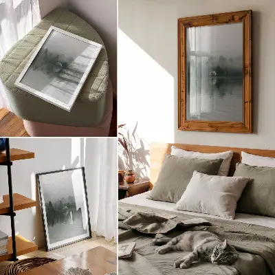 Póster paisaje tranquilo con niebla, árboles, casa y reflejo