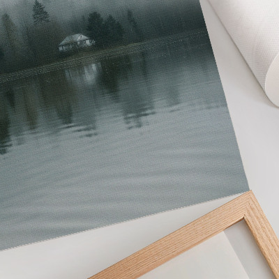 Póster Niebla, árboles, casa, reflejo, paisaje tranquilo