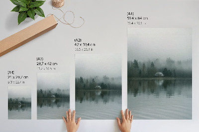 Póster Niebla, árboles, casa, reflejo, paisaje tranquilo
