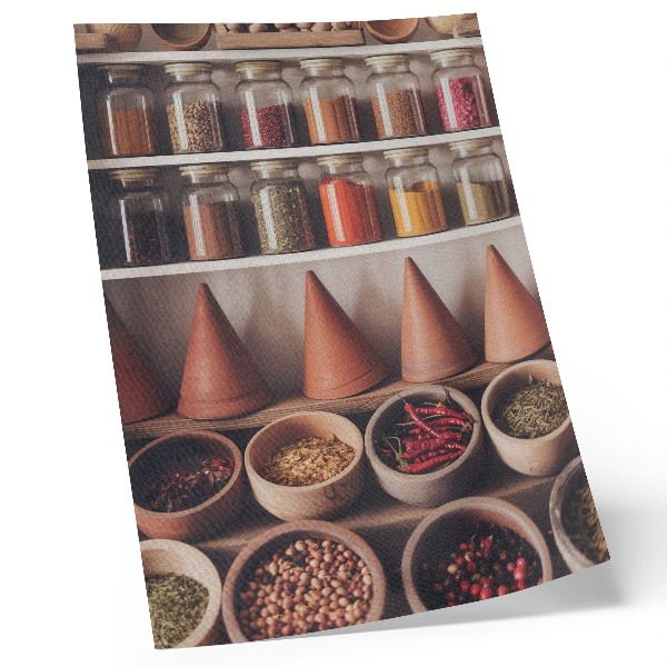 Póster con colores saturados Especias en frascos, madera, cerámica, colores cálidos