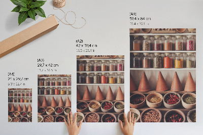 Póster con colores saturados Especias en frascos, madera, cerámica, colores cálidos