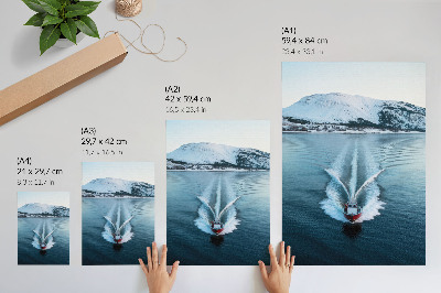 Póster Dinámica de lanchas motoras en lagos con montañas nevadas