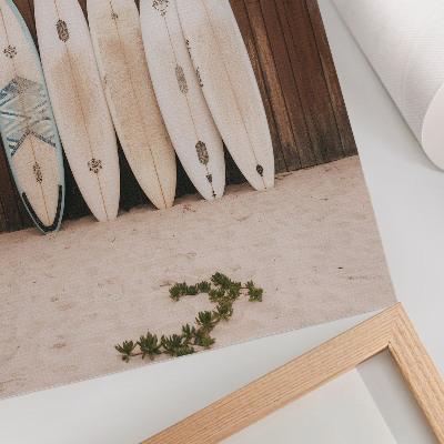 Póster Tablas de surf, pared de madera, verde delicado