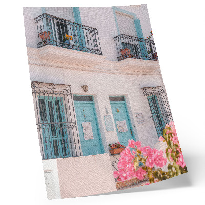 Lámina artística de alta calidad con colores azul pastel y detalles de flores en el balcón