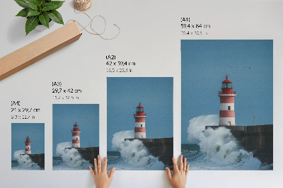 Póster Faro, cielo azul, olas del mar
