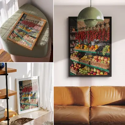 Lienzo decorativo moderno con frutas coloridas que evocan el aroma de la tradición y la atmósfera de la naturaleza