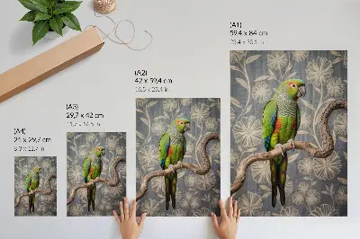 Póster de loro en rama con flores diseño con colores saturados, flores color crema y fondo azul