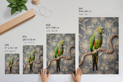 Póster con colores saturados Loro en una rama con flores color crema y fondo azul.