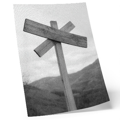 Póster con colores saturados Cartel de madera con un paisaje montañoso de fondo en blanco y negro.