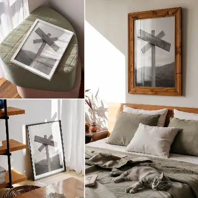 Póster de madera con paisaje montañoso en blanco y negro y colores saturados